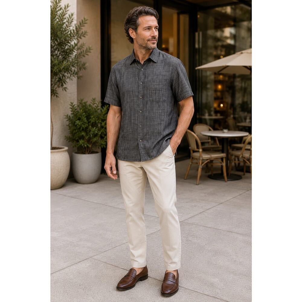 Robert Barakett Men’s L Gray Tencel Linen Blend Short Sleeve Button Down Shirt